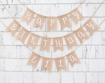 Happy Birthday Burlap Banner, Script Birthday Banner, Girl Birthday Decorations, Custom Birthday Banner with Name, Rustic Birthday Decor