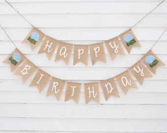 Blue Hydrangea Birthday Party Decorations, Coastal Beach Floral Theme Party Decor, Custom Birthday Banner, Happy Birthday Burlap Banner