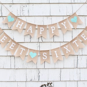 Happy Sweet Sixteen Banner, Sweet Sixteen Birthday Decorations, Aqua Birthday Party Decor, Custom Sweet 16 Banner, Sweet 16 Burlap Banner image 2