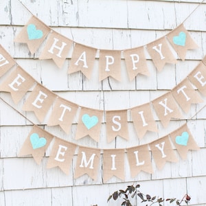 Happy Sweet Sixteen Banner, Sweet Sixteen Birthday Decorations, Aqua Birthday Party Decor, Custom Sweet 16 Banner, Sweet 16 Burlap Banner image 4