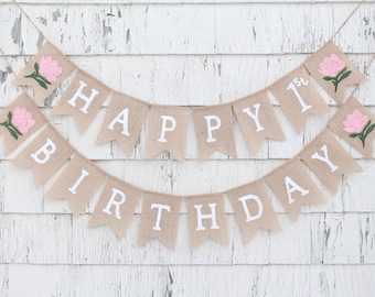 Floral First Birthday Banner, Floral Boho Party Decorations, Custom First Birthday Banner, Happy Birthday Burlap Banner, Flower Party Decor