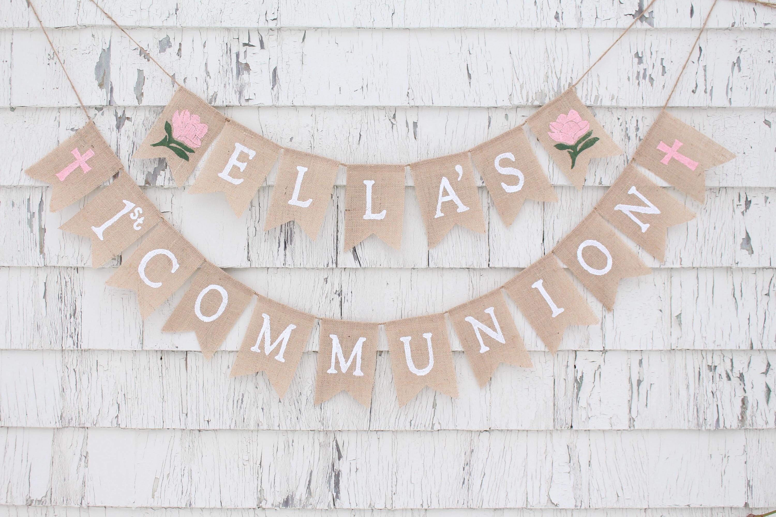 First Communion Banner, Custom Personalized Communion Banner Sign, God Bless Bunting, First Communion Decorations, Girl 1st Communion Decor