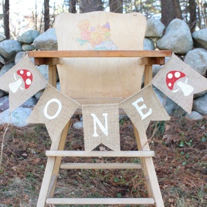 Mushroom Toadstool Highchair Banner, Forest 1st First Birthday Party Decorations, High Chair Burlap Banner, Woodland Fairy Birthday