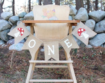 Mushroom Toadstool Highchair Banner, Forest 1st First Birthday Party Decorations, High Chair Burlap Banner, Woodland Fairy Birthday