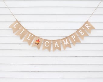 Camp Baby Shower Banner, Woodland Camp 1st First Birthday Garland, Burlap Banner, Little Lil Camper Banner, Woodland Shower Nursery Decor