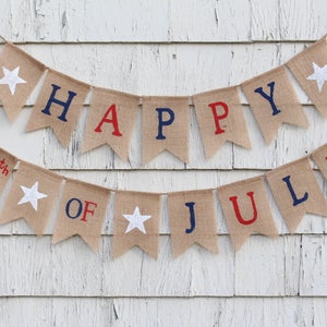 4th of July Banner, Fourth of July Garland, Patriotic Banner, Patriotic Decorations, Burlap Bunting Garland, Happy 4th of July Burlap Banner