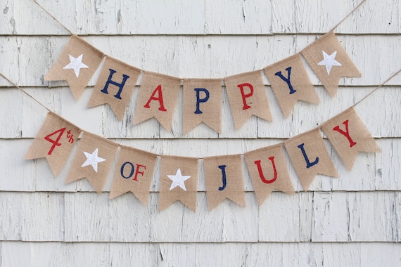4th of July Banner, Fourth of July Garland, Patriotic Banner, Patriotic Decorations, Burlap Bunting Garland, Happy 4th of July Burlap Banner