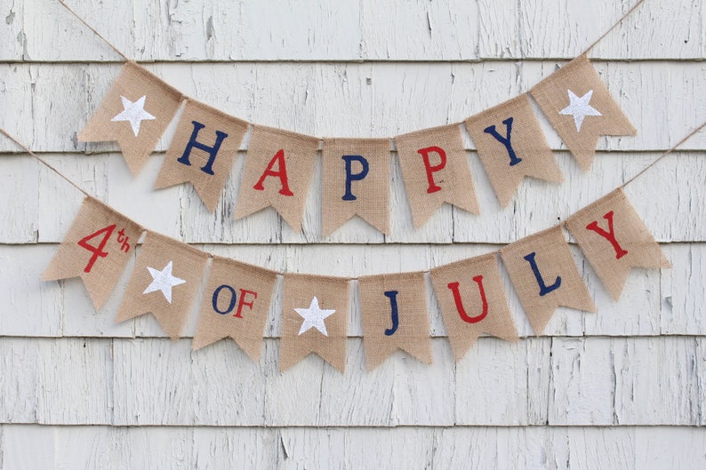4th of July Banner, Fourth of July Garland, Patriotic Banner, Patriotic Decorations, Burlap Bunting Garland, Happy 4th of July Burlap Banner image 1