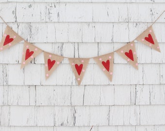 Heart Banner, Valentines Day Decor, Valentines Day Garland, Valentines Bunting, Heart Garland, Photo Prop, Polka Dots, Burlap Hearts
