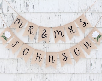 Custom Mr and Mrs Banner, Floral Shower Decorations, Greenery Shower Decor, Coed Wedding Shower, Wedding Rehearsal Dinner, Flower Decor