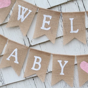 Welcome Baby Burlap Banner, Custom Baby Shower Banner, Baby Shower Bunting, Rustic Baby Shower Decorations, Personalized Baby Burlap Banner image 4
