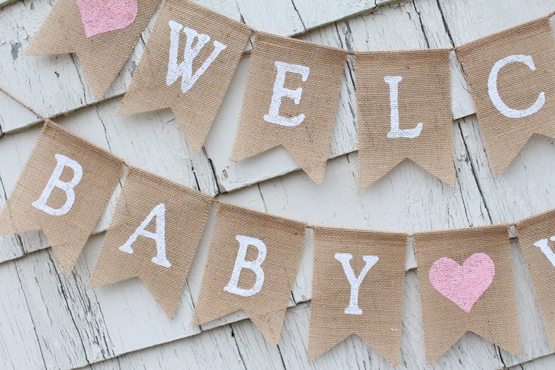 Welcome Baby Burlap Banner, Custom Baby Shower Banner, Baby Shower Bunting, Rustic Baby Shower Decorations, Personalized Baby Burlap Banner image 4