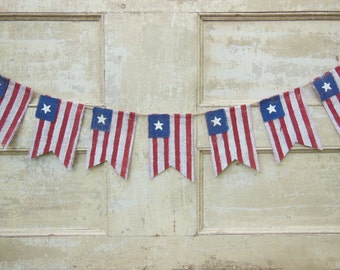 American Flag Banner, Patriotic Banner, Patriotic Bunting, 4th of July Banner Garland, Patriotic Decor, Burlap, Burlap Bunting Garland