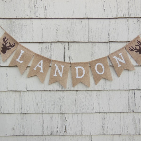 Custom Personalized Name Banner, Woodland Nursery Decor, Stag Deer Antlers, Custom Burlap Banner, Woodland Baby Shower Decor, Hunting Banner