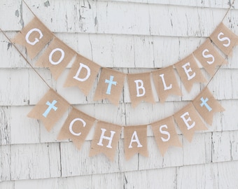 First Communion Banner, Custom Personalized Baptism Banner Garland, God Bless Bunting, First Communion Burlap Garland, Baptism Burlap Banner