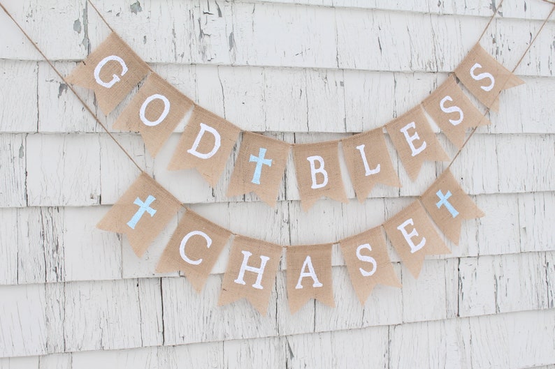 First Communion Banner, Custom Personalized Baptism Banner Garland, God Bless Bunting, First Communion Burlap Garland, Baptism Burlap Banner 