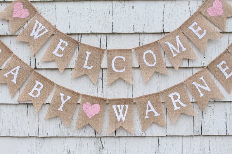 Welcome Baby Burlap Banner, Custom Baby Shower Banner, Baby Shower Bunting, Rustic Baby Shower Decorations, Personalized Baby Burlap Banner image 2