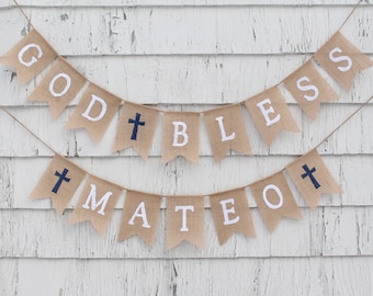 Navy Blue Baptism Decorations, First Communion Banner, Custom Personalized Burlap Banner, God Bless Banner Bunting, Christening Decor