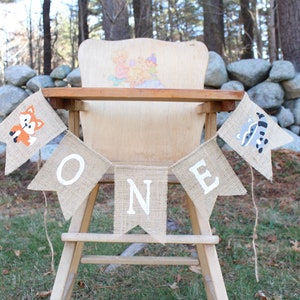 Woodland Highchair Banner, Woodland 1st First Birthday Party Decorations, High Chair Burlap Banner, Wild One first birthday, Fox Banner