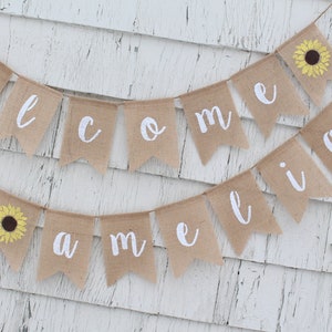 Sunflower Baby Shower Decorations, Welcome Baby Banner, Sunflower Baby Banner, Custom Baby Banner, Burlap Banner, Flower Baby Shower Decor afbeelding 3