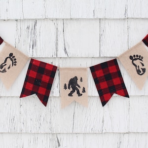Décorations de partie de Bigfoot, bannière de Sasquatch, décor d’anniversaire de Bigfoot, décor de partie de bûcheron, partie d’anniversaire de Sasquatch, plaid de Buffle