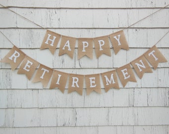 Retirement Party Decor, Retirement Banner, Retirement Burlap Bunting, Happy Retirement Garland, Custom Retirement Sign, Office Work Party