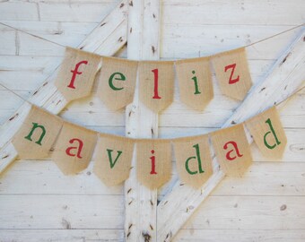 Feliz Navidad Decor, Feliz Navidad Burlap Banner, Feliz Navidad Bunting, Christmas Decor, Rustic Holiday Decor, Burlap Bunting Garland