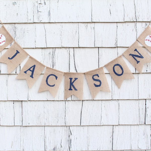 Custom Personalized Name Banner, Baseball Nursery Decor, Baby Boy Nursery, Burlap Garland Bunting, Baseball Baby Shower Decorations