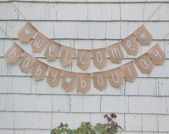 Mint Green Baby Shower Decor, Welcome Baby Banner, Burlap Baby Banner, Baby Shower Banner Garland, Burlap Baby Bunting, Custom Personalized