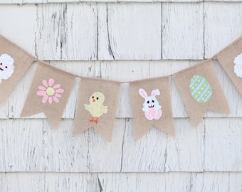 Easter Decorations, Happy Easter Banner, Easter Burlap Bunting, Easter Mantel Decorations, Easter Bunny Burlap Banner, Rustic Easter Decor