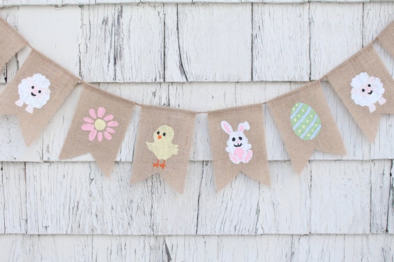 Easter Decorations, Happy Easter Banner, Easter Burlap Bunting, Easter Mantel Decorations, Easter Bunny Burlap Banner, Rustic Easter Decor