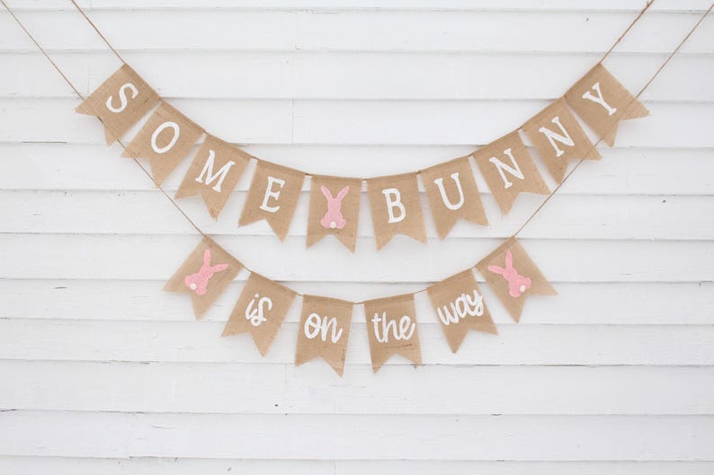 May include: A burlap banner with the text "Some Bunny is on the way" in white lettering. The banner is decorated with pink bunny silhouettes.