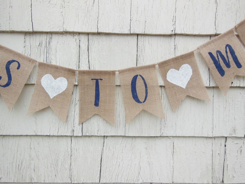 Miss to Mrs Banner, Navy Blue Bridal Shower Decor, Miss to Mrs Bunting Garland, Engagement Banner Engaged Garland, Burlap Rustic Shower Sign image 2