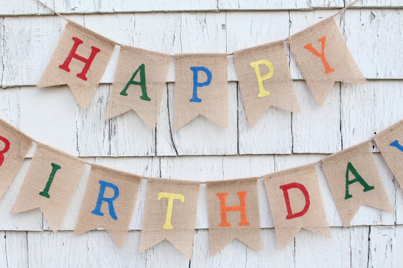 Happy Birthday Burlap Banner, Happy Birthday Bunting, Happy Birthday Banner Personalized, Rustic Birthday Decorations, Rainbow Birthday image 2