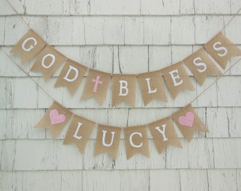 First Holy Communion Decorations, First Communion Banner, Custom Baptism Banner, God Bless Banner, Christening Banner, Baptism Burlap Banner