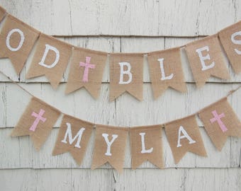 First Communion Banner, Custom Personalized Baptism Banner Garland, God Bless Bunting, First Communion Decorations, Baptism Burlap Banner