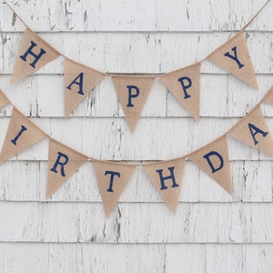 Navy Blue Birthday Decorations, Happy Birthday Burlap Banner, Happy Birthday Bunting, Custom Happy Birthday Banner, Rustic Birthday Decor