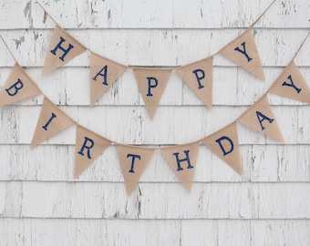 Navy Blue Birthday Decorations, Happy Birthday Burlap Banner, Happy Birthday Bunting, Custom Happy Birthday Banner, Rustic Birthday Decor