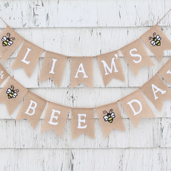 Happy Bee Day Banner, Custom Bee Day Banner, Bumble Bee First 1st Birthday Decorations, Bee Party Supplies, Bee 1st Birthday Burlap Banner