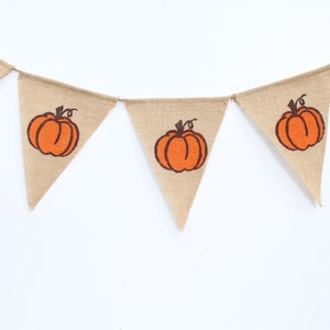 May include: A burlap banner with triangular pennants, each displaying an orange pumpkin design with a brown stem. This banner is suitable for autumn or fall decorations. The pumpkins are centered on the pennants.