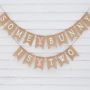 May include: A burlap banner with the text "Some Bunny Is Two" in white letters. The banner is decorated with pink bunny silhouettes.