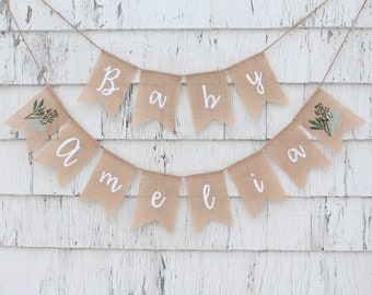 Custom Baby Name Banner, Greenery Baby Shower Decorations, Greenery Shower Banner, Baby Shower Burlap Banner, Personalized Baby Name Banner