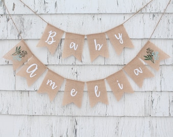 Custom Baby Name Banner, Greenery Baby Shower Decorations, Greenery Shower Banner, Baby Shower Burlap Banner, Personalized Baby Name Banner