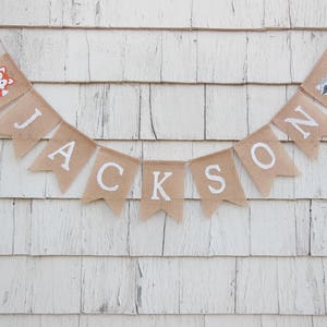 Custom Personalized Name Banner, Woodland Nursery Decor, Stag Deer Antlers, Custom Burlap Banner, Woodland Baby Shower Decor, Hunting Banner image 3