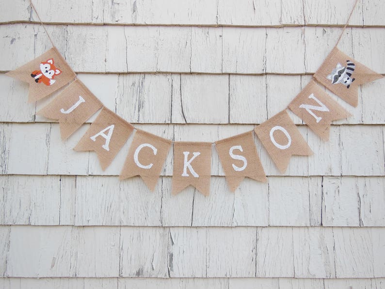 Custom Personalized Name Banner, Woodland Nursery Decor, Stag Deer Antlers, Custom Burlap Banner, Woodland Baby Shower Decor, Hunting Banner image 3