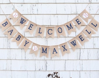 Baseball Baby Shower Decorations, Welcome Baby Banner, Vintage Baseball Baby Shower, Custom Baby Shower Banner, Baseball Burlap Banner