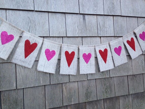 Heart Banner, Heart Bunting, Heart Garland, Valentines Banner, Valentines Decor, Rustic Burlap Bunting Garland, Glitter Hearts, Photo Prop