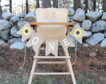 Sunflower Highchair Banner, Sunflower First Birthday Party Decorations, High Chair Burlap Banner, One Banner, Flower Birthday