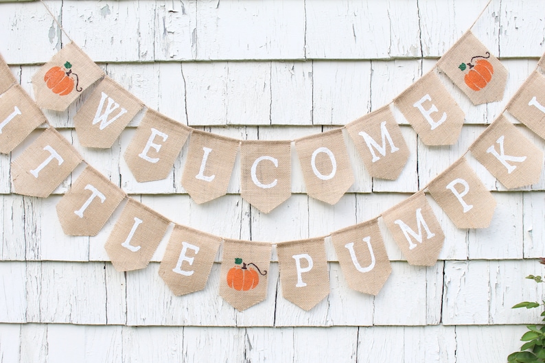 May include: A burlap banner with the words "Welcome Little Pumpkin" in white letters. The banner is decorated with small orange pumpkins.