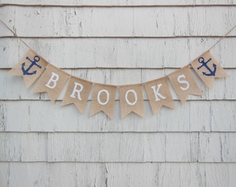 Nautical Nursery Decorations, Custom Personalized Name Banner, Nautical Burlap Banner, Anchor Baby Shower, Nautical Birthday Decorations